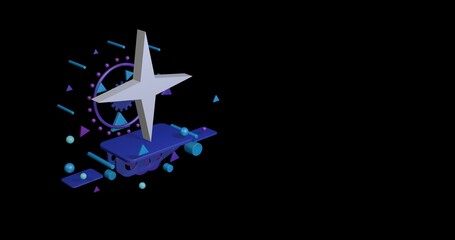 Wall Mural - White star symbol on a pedestal of abstract geometric shapes floating in the air. Abstract concept art with flying shapes on the left. 3d illustration on black background