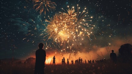 Leinwandbilder - A mesmerizing fireworks show over a rural field, with stars twinkling in the clear night sky and silhouettes of onlookers