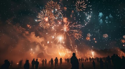 Leinwandbilder - A mesmerizing fireworks show over a rural field, with stars twinkling in the clear night sky and silhouettes of onlookers