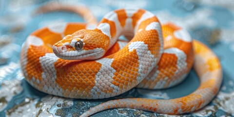 Wall Mural - A large orange and white snake laying on top of a blue and white surface with it's tail curled up