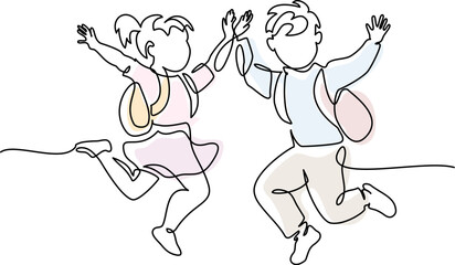 Sticker - Happy boy and girl pupils with backpacks jumping. Continuous one line