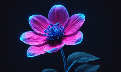 Wall Mural - Single pink flower with blue edges on dark background