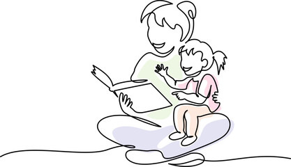 Wall Mural - mother reading book to child daughter. continuous one line drawing art.