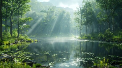 Wall Mural - A peaceful forest pond reflecting the sunlight and surrounding trees.
