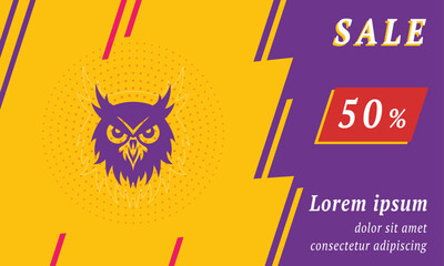 Wall Mural - Sale promotion banner with place for your text. On the left is the owl head symbol. Promotional text with discount percentage on the right side. Vector illustration on yellow background