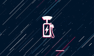 Wall Mural - Large white electric charging station symbol framed in red in the center. The effect of flying through the stars. Vector illustration on a dark blue background with stars and slanted lines