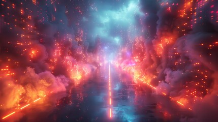 Aufkleber - A reflective surface covered in neon lights with smoke drifting lazily across it.