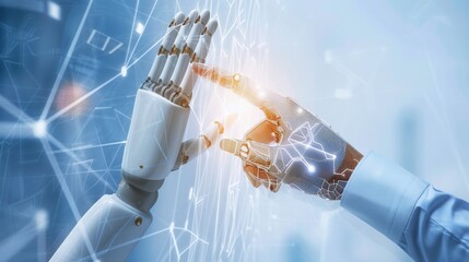 Aufkleber - A robot hand and human hand touching amidst a matrix of digital code and network connections, representing the advancement of AI technology