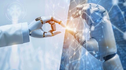 Aufkleber - A robot hand and human hand touching, with a digital network overlay, symbolizing artificial intelligence and technological innovation
