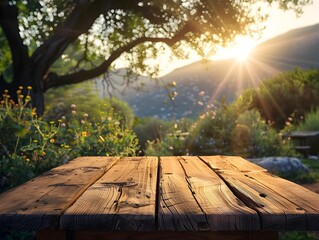 Poster - Vibrant Nature Backdrop with Wooden Table for Outdoor Product Mockups