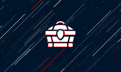 Wall Mural - Large white treasure chest symbol framed in red in the center. The effect of flying through the stars. Vector illustration on a dark blue background with stars and slanted lines