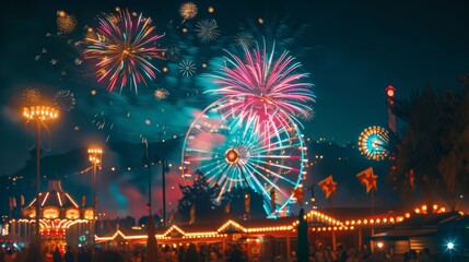 Leinwandbilder - A spectacular fireworks show lighting up the night above a festive carnival, with Ferris wheel lights in the background