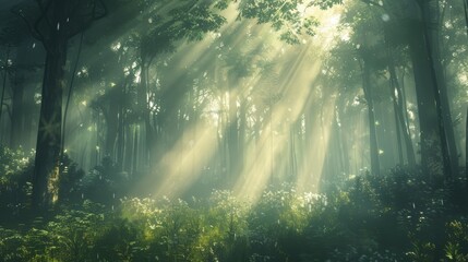 Wall Mural - A tranquil forest scene with sunbeams piercing through the fog, creating a mystical atmosphere