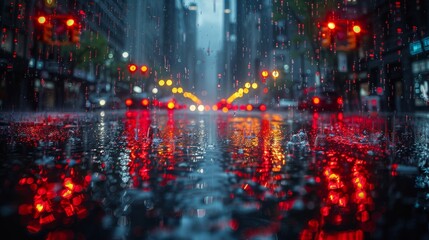Aufkleber - A vacant city street during a heavy rainstorm, with water streaming down the pavement and reflections of streetlights.