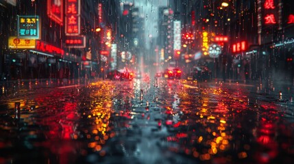 Aufkleber - A vacant city street during a heavy rainstorm, with water streaming down the pavement and reflections of streetlights.