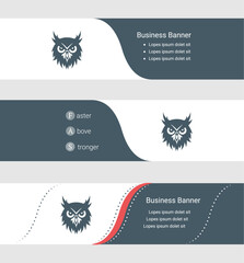 Wall Mural - Set of blue grey banner, horizontal business banner templates. Banners with template for text and owl head symbol. Classic and modern style. Vector illustration on grey background