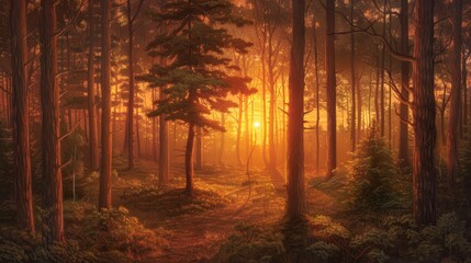Wall Mural - A woodland scene with the sun setting in the background, casting a warm orange light across the trees