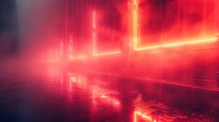 Aufkleber - Abstract light streaks and neon reflections in a smoky, deserted urban landscape.