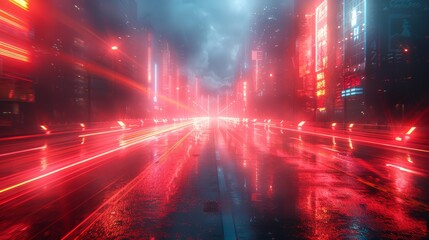 Aufkleber - Abstract light streaks and neon reflections in a smoky, deserted urban landscape.