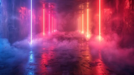 Aufkleber - Abstract neon light patterns and smoke in a dark, empty urban environment with reflective surfaces.