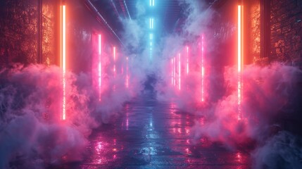 Aufkleber - Abstract neon light patterns and smoke in a dark, empty urban environment with reflective surfaces.