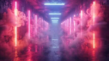Aufkleber - Abstract neon light patterns and smoke in a dark, empty urban environment with reflective surfaces.