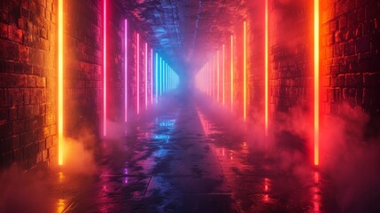 Aufkleber - Abstract neon lights casting colorful glows and reflections in a foggy, empty alleyway.