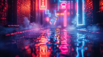 Aufkleber - Abstract neon lights casting colorful glows and reflections in a foggy, empty alleyway.