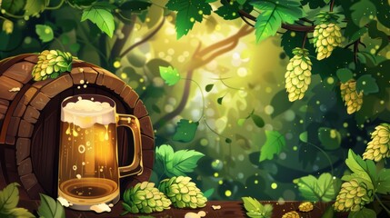 Wall Mural - Horizontal banner. International Beer Day. Beer barrel, mug with beer and hops on a green background. Flat illustration. Free space for text, copy space