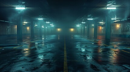 Poster - An empty parking lot in an urban area, with only a few dimly lit spots and dark shadows everywhere.
