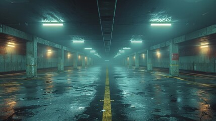 Poster - An empty parking lot in an urban area, with only a few dimly lit spots and dark shadows everywhere.