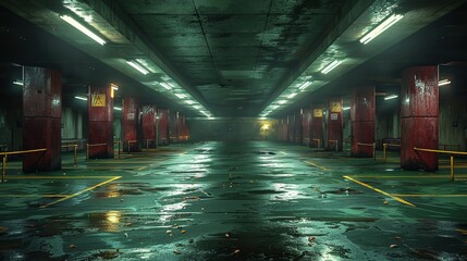 Poster - An empty parking lot in an urban area, with only a few dimly lit spots and dark shadows everywhere.
