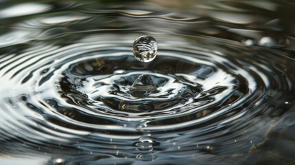 Aufkleber - Close-up of a transparent water droplet suspended in mid-air, just before impacting a still water surface, with circular waves beginning to form
