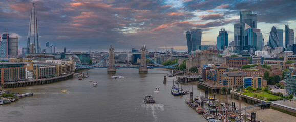 Wall Mural - Aerial view of the Tower bridge in London, UK. The center of London over river Thames. Capital of Great Britain.