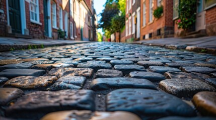 Wall Mural - A cobblestone street with a view of a building