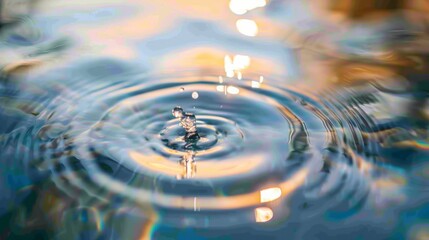 Leinwandbilder - Crystal clear droplet of water splashing into a reflective water surface, creating gentle circular ripples