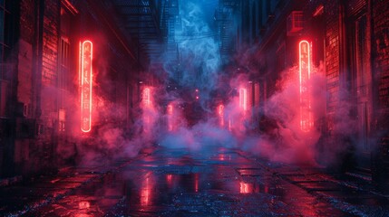 Aufkleber - Dark and empty alley with neon lights reflecting on wet surfaces and smoke swirling around.