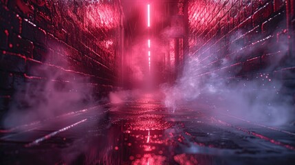 Poster - Dark and empty alley with neon lights reflecting on wet surfaces and smoke swirling around.