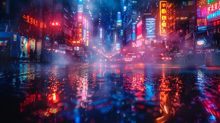 Aufkleber - Empty city street with intense neon reflections on wet pavement, surrounded by smoke.