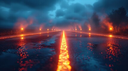 Aufkleber - Empty road with glowing neon reflections and billowing smoke under a starless night sky.