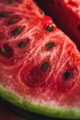 Wall Mural - Vibrant Watermelon Slice Close-up with Glistening Juice Droplets