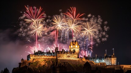 Leinwandbilder - Fireworks exploding in a synchronized pattern over a historic castle, creating a majestic scene against the dark sky