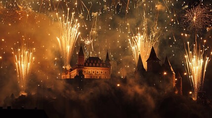Leinwandbilder - Fireworks exploding in a synchronized pattern over a historic castle, creating a majestic scene against the dark sky