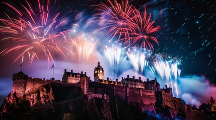 Leinwandbilder - Fireworks exploding in a synchronized pattern over a historic castle, creating a majestic scene against the dark sky
