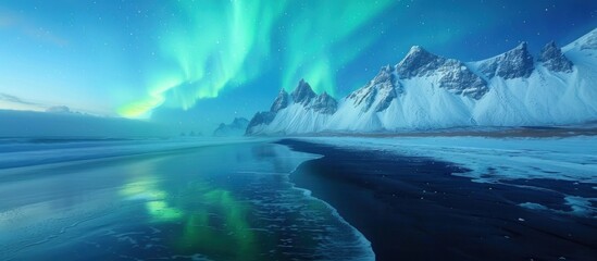 Wall Mural - Northern Lights Reflecting on a Black Sand Beach