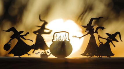 Silhouette of five witches around a cauldron at sunset. Halloween concept with copy space.