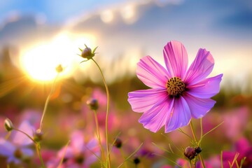 Wall Mural - Landscape Flower. Beautiful Blooms in a Colorful Dawn Sky