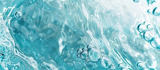 Wall Mural - Abstract nature background of transparent blue water with ripples, splashes, and bubbles under sunlight, resembling cosmetic moisturizer products in a top-down view with blank space.