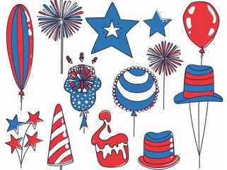 Festive 4th of July elements including balloons, stars, hats, and fireworks in red, white, and blue.