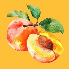 Wall Mural - Apricot watercolor clipart illustration with yellow background